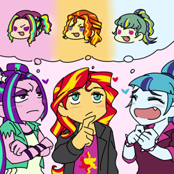 Size: 1000x1000 | Tagged: safe, artist:raika0306, adagio dazzle, aria blaze, sonata dusk, sunset shimmer, equestria girls, adaria, blushing, clothes, crossed arms, eyes closed, eyeshadow, fangs, female, heart, lesbian, lidded eyes, looking up, magical lesbian spawn, makeup, next generation, offspring, shipping, smiling, sonagio, sunsagio, the dazzlings, thinking, thought bubble, trio