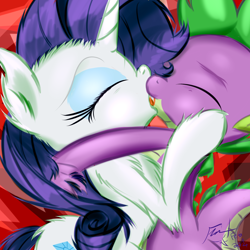 Size: 2400x2400 | Tagged: safe, artist:frist44, rarity, spike, dragon, pony, unicorn, cute, female, fluffy, kissing, male, shipping, sparity, straight