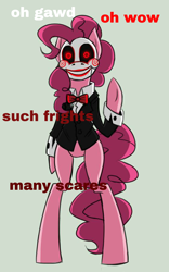 Size: 562x900 | Tagged: safe, artist:kelcasual, edit, pinkie pie, pony, bipedal, crossover, doge, jigsaw, mask, saw (movie), simple background, solo