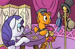 Size: 900x592 | Tagged: safe, artist:wingbeatpony, rarity, oc, pony, unicorn, bowler hat, carousel boutique, chair, clothes, crumpet (griddle cake), eyes on the prize, hat, hoof hold, sitting, table, tea, tea party, top hat, unamused, unimpressed