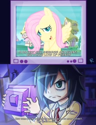 Size: 2550x3300 | Tagged: safe, artist:rubtox, fluttershy, human, pegasus, pony, angry, anime, bags under eyes, crossover, dialogue, exploitable meme, female, jealous, mare, meme, pixiv, television, tomoko kuroki, tv meme, watamote