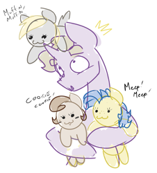 Size: 1197x1327 | Tagged: safe, artist:strangerdanger, derpy hooves, oc, oc:brann flakes, oc:cookie dough, oc:cookie dough (trottingham), oc:milky way, pegasus, pony, askcookieandbrann, female, mare, plushie