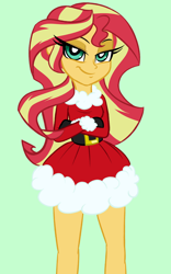 Size: 1000x1600 | Tagged: safe, artist:wubcakeva, sunset shimmer, equestria girls, belt buckle, christmas, clothes, costume, crossed arms, cute, dress, eyelashes, gloves, green eyes, lidded eyes, looking at you, santa costume, shimmerbetes, smiling, smirk, solo