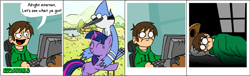 Size: 827x250 | Tagged: safe, derpibooru import, twilight sparkle, comic, crossover, edd gould, eddsworld, female, male, mordecai, mordetwi, ohgodwhat, shipping, straight, the horror, the worst possible thing, why