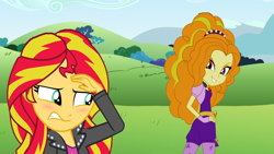 Size: 640x360 | Tagged: safe, artist:ktd1993, adagio dazzle, sunset shimmer, equestria girls, blushing, female, lesbian, shipping, sunsagio