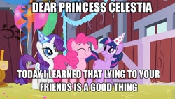 Size: 960x545 | Tagged: safe, derpibooru import, edit, edited screencap, screencap, pinkie pie, rarity, twilight sparkle, earth pony, pony, unicorn, party of one, balloon, caption, image macro