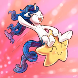 Size: 1600x1600 | Tagged: safe, artist:kp-shadowsquirrel, rarity, pony, unicorn, armpits, eyes closed, flying, happy, open mouth, smiling, solo, stars, tangible heavenly object, underhoof