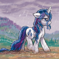 Size: 1600x1600 | Tagged: safe, artist:kp-shadowsquirrel, rarity, pony, unicorn, mud, rain, solo, wet, wet mane, wet mane rarity