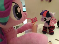 Size: 1199x899 | Tagged: safe, artist:nekokevin, starlight glimmer, twilight sparkle, twilight sparkle (alicorn), alicorn, pony, unicorn, series:nekokevin's glimmy, clothes, drinking, irl, life size, milkshake, photo, plushie, pony cafe, socks, starlight's little twibird, straw, striped socks, table