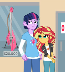 Size: 2214x2453 | Tagged: dead source, safe, artist:drewmwhit, dusk shine, prince dusk, sunset shimmer, twilight sparkle, equestria girls, clothes, cute, dollar sign, door, duskshimmer, electric guitar, equestria guys, expensive, guitar, half r63 shipping, looking away, male, pants, puppy dog eyes, rule 63, shimmerbetes, shipping, store, straight, sunsetsparkle, trash, window