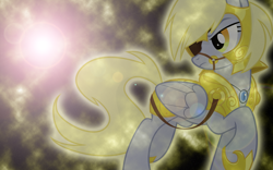 Size: 1920x1200 | Tagged: safe, artist:damuchi99, artist:equestria-prevails, derpy hooves, pegasus, pony, armor, epic derpy, eyepatch, female, general derpy, lens flare, mare, solo, vector, wallpaper