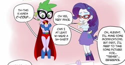 Size: 667x350 | Tagged: safe, artist:pia-sama, humdrum, rarity, spike, equestria girls, ask eg spike x rarity, camera, cosplay, dialogue, dum drum, female, glasses, human spike, male, power ponies, shipping, sparity, straight, straight shota, working