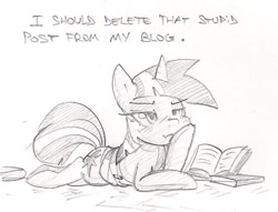 Size: 737x562 | Tagged: safe, artist:skutchi, derpibooru import, twilight sparkle, bandage, book, dialogue, grayscale, prone, sketch, solo, traditional art