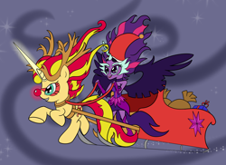 Size: 3508x2550 | Tagged: safe, artist:cybersquirrel, midnight sparkle, sci-twi, sunset shimmer, twilight sparkle, pony, equestria girls, christmas, cute, daydream shimmer, equestria girls ponified, flying, midnightabetes, night, night sky, ponified, red nosed reindeer, sleigh