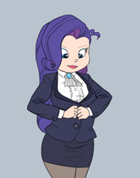 Size: 647x820 | Tagged: safe, artist:carnifex, rarity, human, clothes, dress suit, dressing, humanized, light skin, pantyhose, skirt, solo, suit, tube skirt