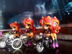 Size: 960x720 | Tagged: safe, sunset shimmer, equestria girls, clothes, doll, equestria girls minis, eqventures of the minis, irl, motorcycle, multeity, photo, shimmerstorm, skirt, toy