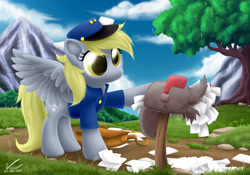Size: 2500x1750 | Tagged: safe, artist:symbianl, derpy hooves, pegasus, pony, clothes, female, mail, mailbox, mailpony, mare, solo, uniform