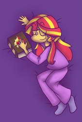 Size: 1001x1477 | Tagged: safe, artist:typhwosion, sunset shimmer, equestria girls, clothes, cute, eyes closed, journal, journey book, pajamas, pants, shimmerbetes, sleeping, socks, solo