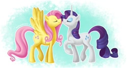 Size: 1000x532 | Tagged: safe, artist:kahaeli, fluttershy, rarity, pegasus, pony, unicorn, female, flarity, lesbian, now kiss, shipping