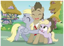 Size: 1008x728 | Tagged: safe, artist:trotsworth, derpy hooves, dinky hooves, doctor whooves, pegasus, pony, doctor who, equestria's best father, female, hug, mare, scrunchy face, sonic screwdriver