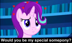 Size: 1600x973 | Tagged: safe, edit, edited screencap, screencap, starlight glimmer, unicorn, uncommon bond, bronybait, caption, cs captions, female, heart, library, mare, special somepony