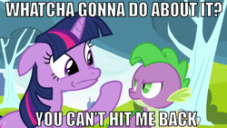 Size: 640x360 | Tagged: safe, derpibooru import, spike, twilight sparkle, dragon, image macro, italian twilight, spikeabuse