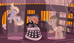 Size: 5465x3144 | Tagged: safe, artist:trotsworth, derpy hooves, dinky hooves, doctor whooves, granny smith, alien, cyborg, pegasus, pony, amputee, dalek, davros, doctor who, female, mare, mutant, prosthetic eye, prosthetic hand, prosthetics, robot claw, sadism, sonic screwdriver, you monster