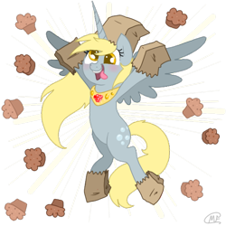 Size: 600x600 | Tagged: safe, artist:mc10215, derpy hooves, alicorn, pony, alicornified, derpicorn, muffin, paper bag, paper bag princess, paper bag wizard, princess derpy, race swap, solo