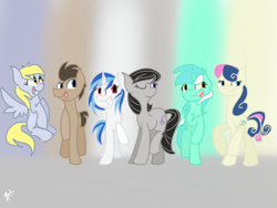 Size: 1024x768 | Tagged: safe, artist:leetle-pink-fudge, bon bon, derpy hooves, dj pon-3, doctor whooves, lyra heartstrings, octavia melody, sweetie drops, vinyl scratch, earth pony, pegasus, pony, unicorn, background six, female, male, mare, stallion