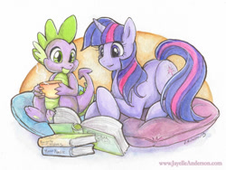 Size: 716x537 | Tagged: safe, artist:jayelle-anderson, derpibooru import, spike, twilight sparkle, dragon, book, cup, drink, pillow, reading, traditional art