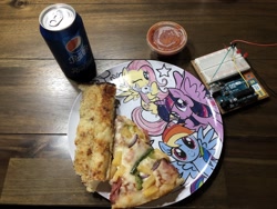 Size: 2048x1536 | Tagged: safe, derpibooru import, fluttershy, rainbow dash, twilight sparkle, twilight sparkle (alicorn), alicorn, pony, arduino, breadboard, food, ham, irl, meat, pepsi, photo, pineapple, pizza, soda