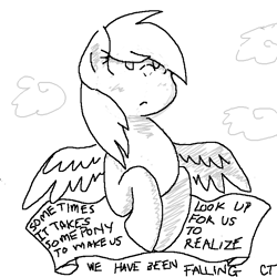 Size: 700x700 | Tagged: safe, artist:shinypikachu25, derpy hooves, pegasus, pony, banner, cloud, cloudy, female, handwriting, looking up, mare, monochrome, mouthpiece, old banner, positive ponies, solo, wip