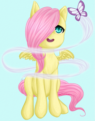 Size: 791x1011 | Tagged: dead source, safe, artist:thesuzucorn, fluttershy, butterfly, pegasus, pony, chest fluff, cute, filly, fluffy, solo, spread wings, younger