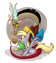 Size: 1151x1300 | Tagged: safe, artist:thedoggygal, derpy hooves, discord, pegasus, pony, female, friendshipping, mare, muffin