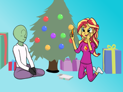 Size: 1296x968 | Tagged: safe, artist:zharkaer, sunset shimmer, oc, oc:anon, human, phoenix, equestria girls, christmas, christmas tree, clothes, feather, gradient background, open mouth, pajamas, present, sitting, tree