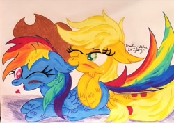 Size: 1440x1022 | Tagged: safe, artist:lunarcipher1, derpibooru import, applejack, rainbow dash, earth pony, pegasus, pony, accessory swap, appledash, blushing, colored pencil drawing, colored pupils, colored sketch, cute, ear bite, female, floppy ears, heart, lesbian, love, prone, shipping, signed, sketch, smiling, teasing, traditional art, watercolor painting