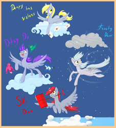 Size: 1779x1963 | Tagged: dead source, safe, artist:matrosha123, derpy hooves, ditzy doo, flutter doo, frosty dew, ski doo, bird, blue jay, pegasus, pony, background pony, blue background, cloud, cloudy, cutie mark, female, flying, letter, lying down, lying on a cloud, mail, mare, mouth hold, on a cloud, open mouth, raised hoof, recolor, shovel, simple background, sisters, snow, standing, teeth