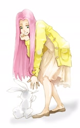 Size: 1200x1920 | Tagged: safe, artist:amanemiss, angel bunny, fluttershy, human, rabbit, clothes, coat, cute, dress, grin, humanized, looking down, smiling, solo