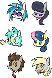 Size: 358x532 | Tagged: safe, artist:megarexetera, bon bon, derpy hooves, dj pon-3, doctor whooves, lyra heartstrings, octavia melody, sweetie drops, vinyl scratch, earth pony, pegasus, pony, unicorn, background six, chibi, female, hand, male, mare, muffin, simple background, sonic screwdriver, stallion, sweatdrop, transparent background, unamused