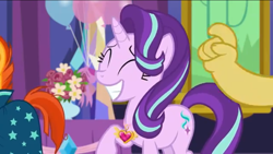 Size: 1136x640 | Tagged: safe, discord, starlight glimmer, sunburst, pony, unicorn, celestial advice, season 7, balloon, big smile, equestrian pink heart of courage, eyes closed, flower, happy, paws, tail