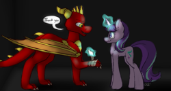 Size: 1953x1047 | Tagged: safe, artist:ggchristian, starlight glimmer, oc, dragon, pony, bandage, magic