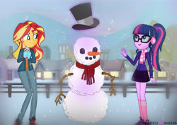 Size: 5978x4236 | Tagged: safe, artist:invisibleink, sci-twi, sunset shimmer, twilight sparkle, equestria girls, absurd resolution, christmas, clothes, converse, magic, shoes, snow, snowman