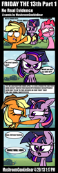 Size: 890x2645 | Tagged: safe, artist:mushroomcookiebear, applejack, pinkie pie, twilight sparkle, earth pony, pony, unicorn, comic, female, friday the 13th, mare, panic, parody