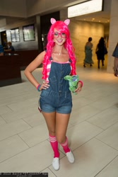 Size: 1365x2048 | Tagged: artist needed, safe, gummy, pinkie pie, human, cosplay, dragoncon, glasses, irl, irl human, overalls, photo, plushie
