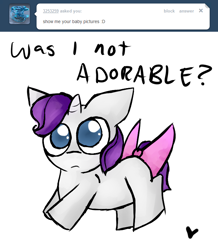 Size: 680x780 | Tagged: safe, artist:moonblizzard, rarity, pony, unicorn, ask, bow, filly, rarity answers, solo, tumblr, younger