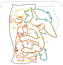 Size: 485x502 | Tagged: safe, artist:the weaver, applejack, applejack (male), snails, spice, earth pony, pony, body pillow, kissing, rule 63, simple background, white background