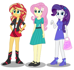 Size: 1903x1783 | Tagged: safe, artist:drewmwhit, fluttershy, rarity, sunset shimmer, equestria girls, boots, clothes, college, cute, dress, hairpin, hand on hip, handbag, high heel boots, high heels, jacket, leather jacket, looking at you, mary janes, outfits, shoes, simple background, skirt, smiling, transparent background, trio