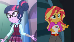 Size: 1868x1066 | Tagged: safe, screencap, sci-twi, sunset shimmer, twilight sparkle, equestria girls, friendship games, legend of everfree, clothes, crystal prep academy uniform, glasses, school uniform