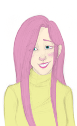 Size: 1175x1920 | Tagged: safe, artist:thehapening, fluttershy, human, grin, humanized, simple background, smiling, solo, white background