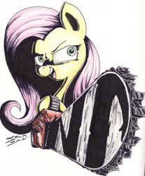 Size: 1024x1238 | Tagged: safe, artist:skaska, fluttershy, pegasus, pony, .mov, chainsaw, fluttershed, insanity, shed.mov, solo